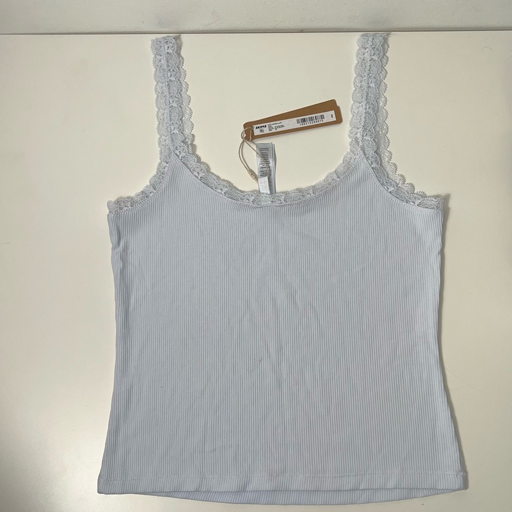 Skims Soft Lounge Lace Trim Ribbed Camisole Cami Shirt in Mineral Blue - Picture 8 of 13